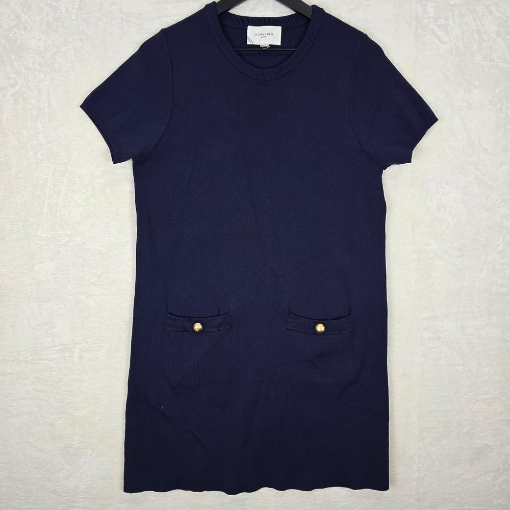 Pomander Place Navy Jessica Knit Dress Gold Button Pockets Size Medium Y24767T